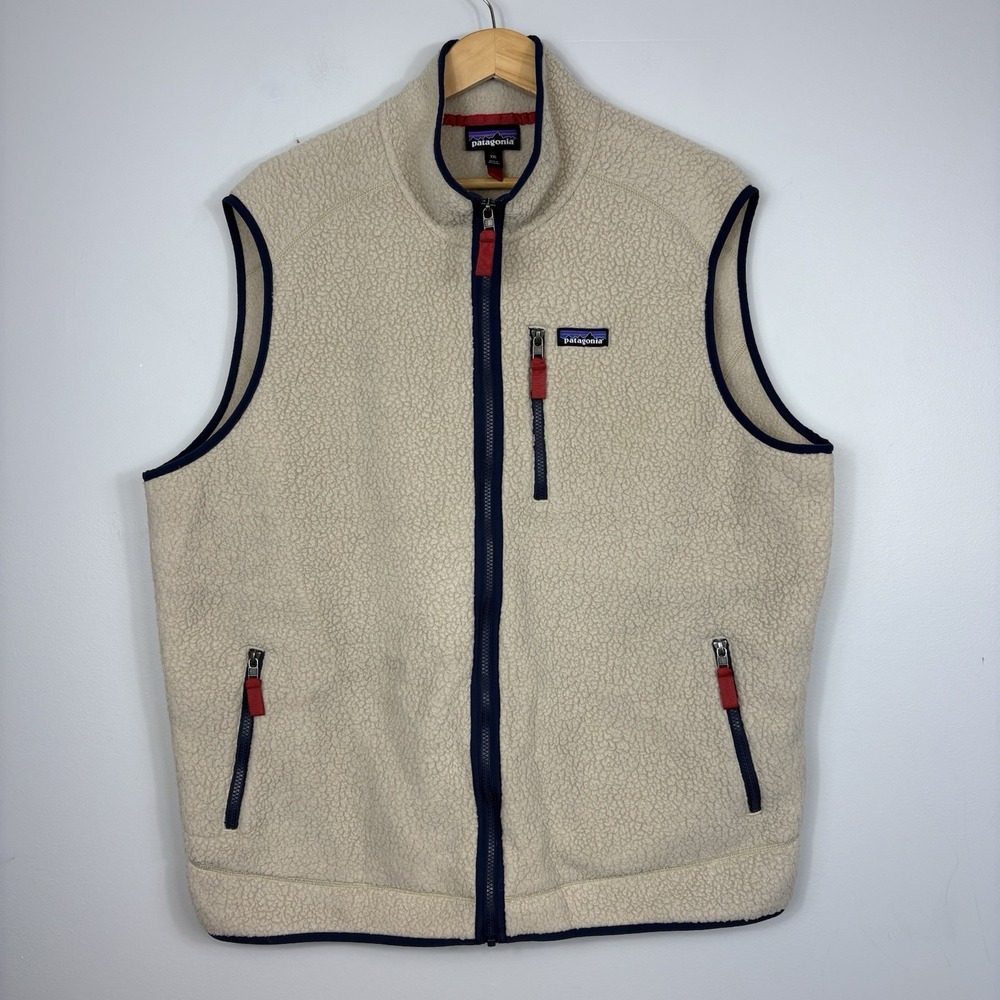 Patagonia Retro Pile Fleece Vest Full Zip Sherpa Cream Navy Red Men's XXL